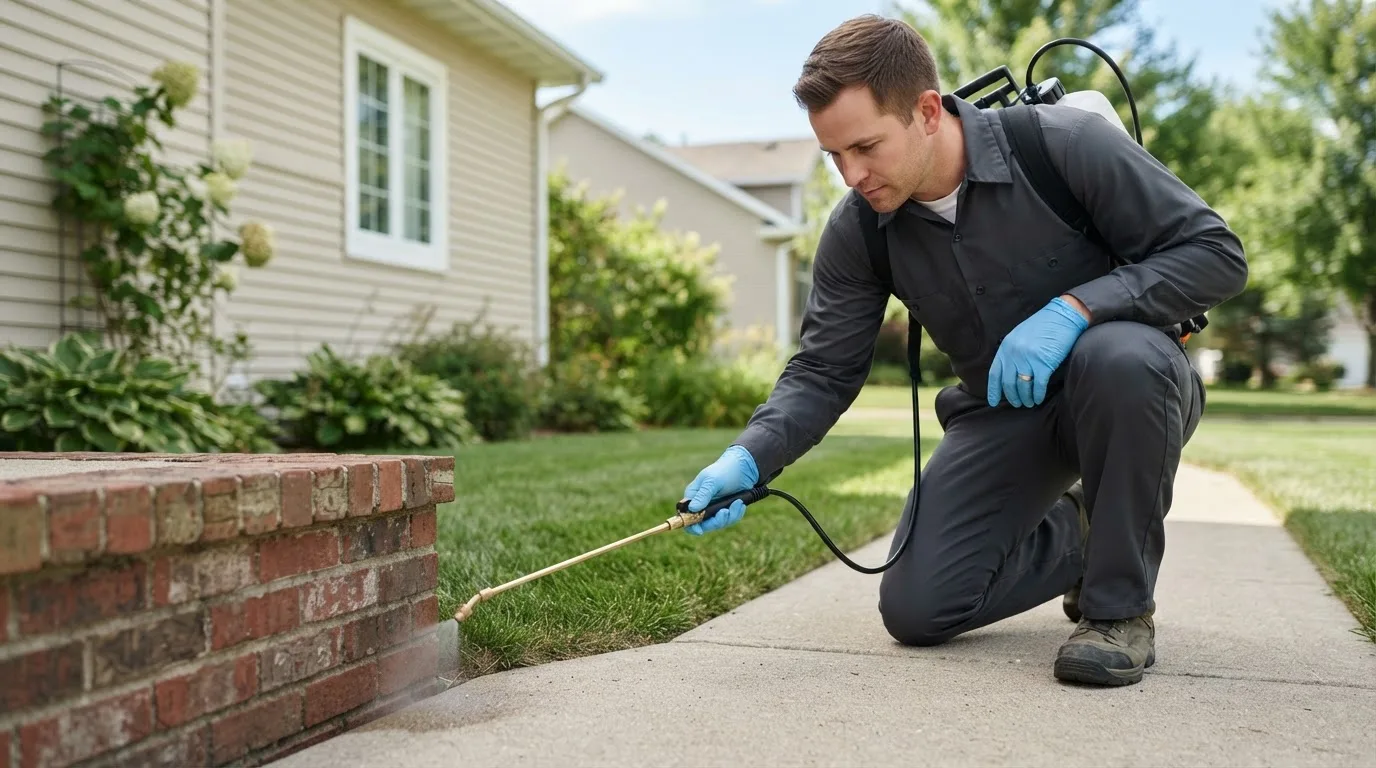 Pest control technician treating a home near Langsville, OH
