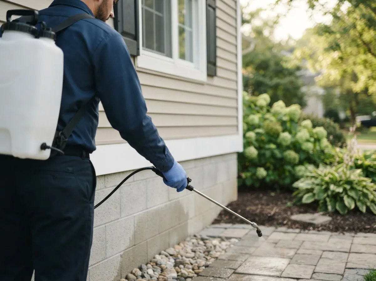 Pest control technician inspecting a home in Langsville, OH